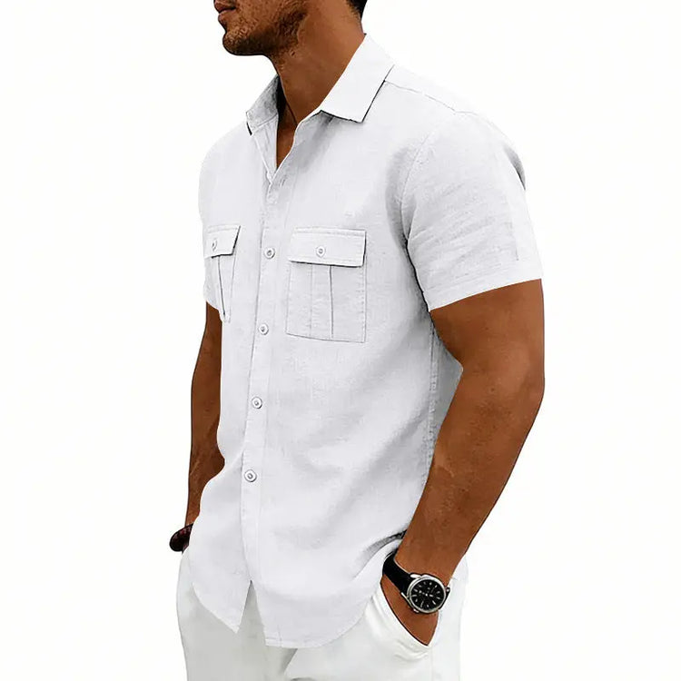 Khaki American-style casual loose-fit T-shirt with two front pockets, made by Dropshipman, worn casually.
