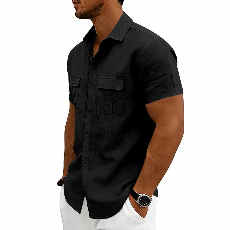 Khaki American-style casual loose-fit T-shirt by Dropshipman with two front pockets, laid flat showing comfortable fabric.