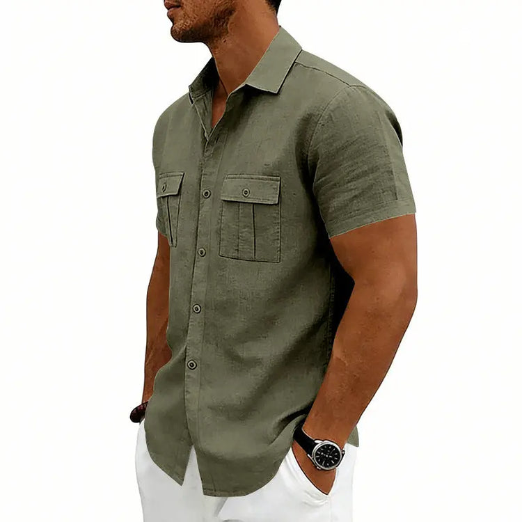 Khaki American-style casual loose-fit T-shirt with two front pockets by Dropshipman, made from comfortable fabric.