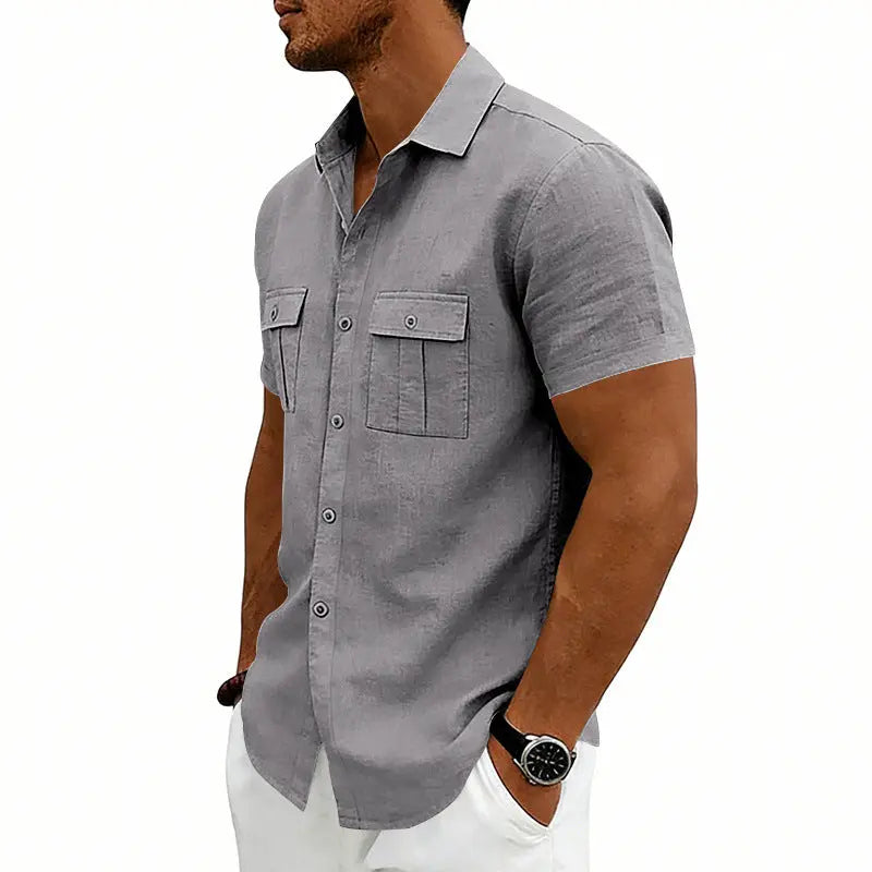Khaki American-style casual loose-fit T-shirt with two front pockets, made by Dropshipman, laid flat on a white background.