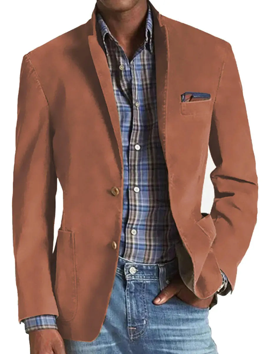 Dropshipman men's khaki denim suit, casual solid color denim outfit with tailored fit, suitable for formal and classic occasions.
