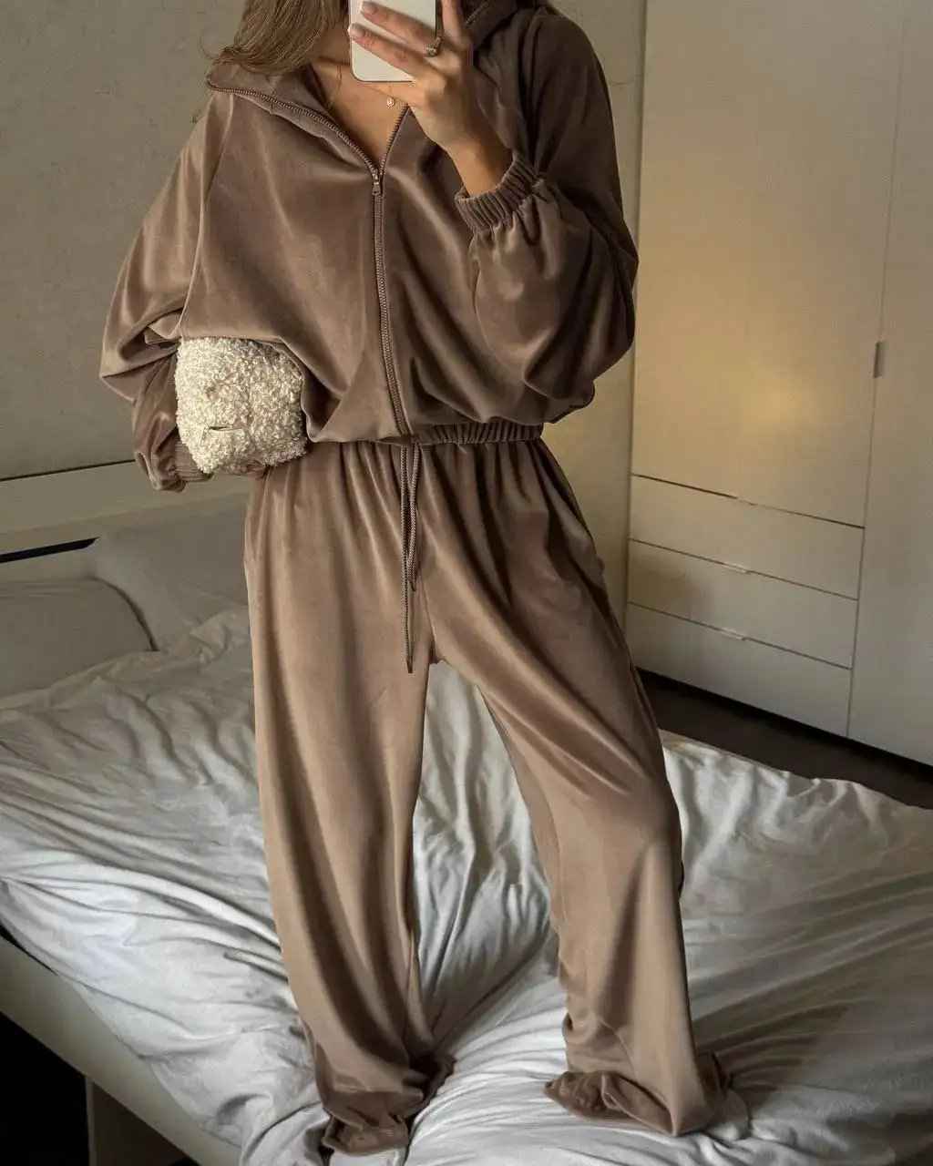 New Casual Womens Set Solid-color Long-sleeve Zip-up Cardigan And Sweatpantstwo-piece Set