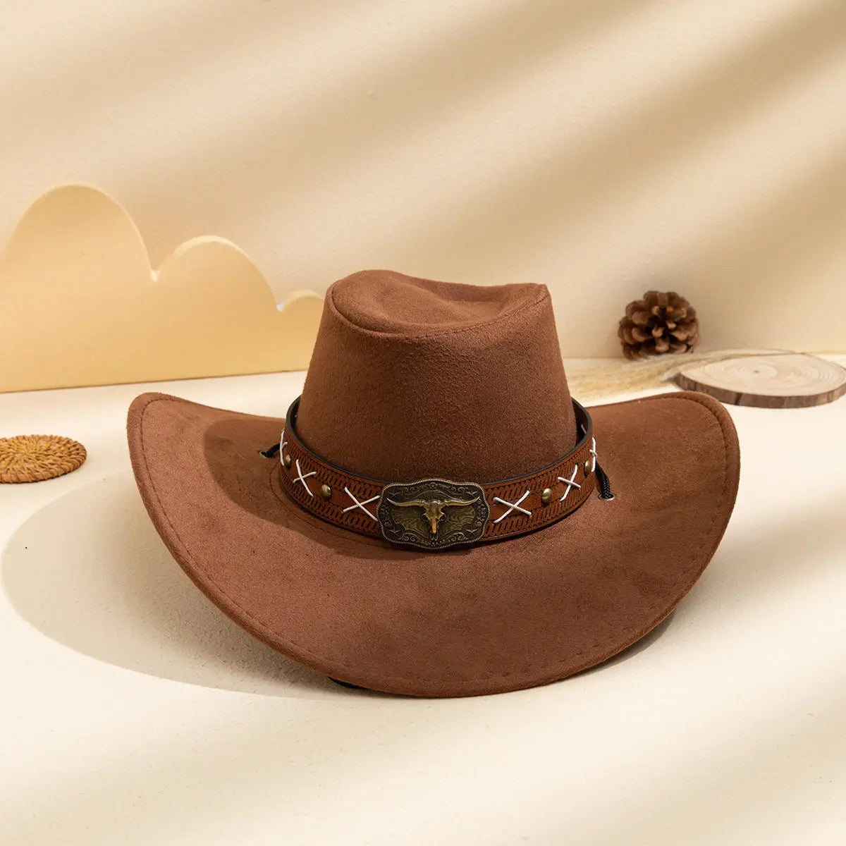 Khaki summer sun hat for men and women with metal buckle, cross-stitch design, Western retro style, perfect for outdoor fashion.