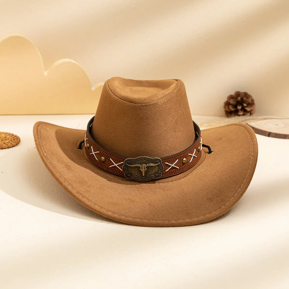 Dropshipman khaki summer sun hat with metal buckle, cross-stitch design, versatile western retro style for men and women outdoor fashion