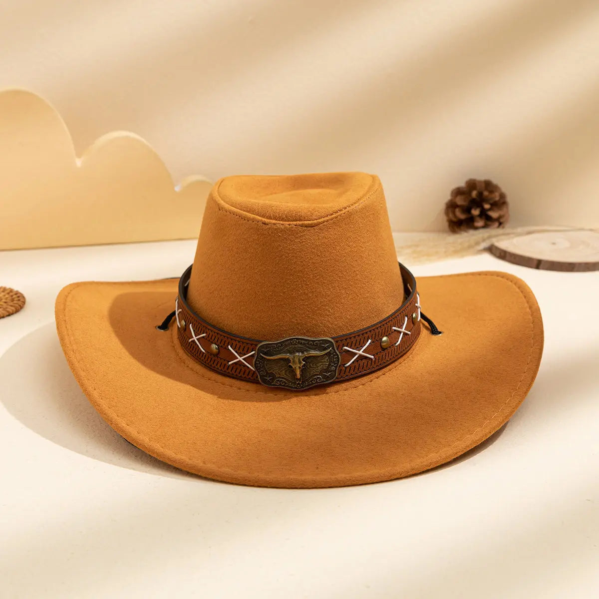 Men's and women's khaki sun hat with metal buckle, cross-stitch design, Western retro style, perfect for outdoor chic fashion.