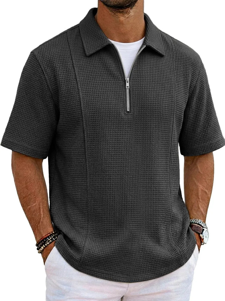 Dropshipman sports-style boat-neck half-zip polo shirt displayed on a mannequin, featuring a sleek design and comfortable fit.