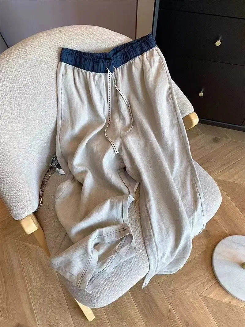 Light apricot contrast-color elastic-waist straight-leg casual pants by Dropshipman, showing front view with relaxed fit and comfortable fabric.