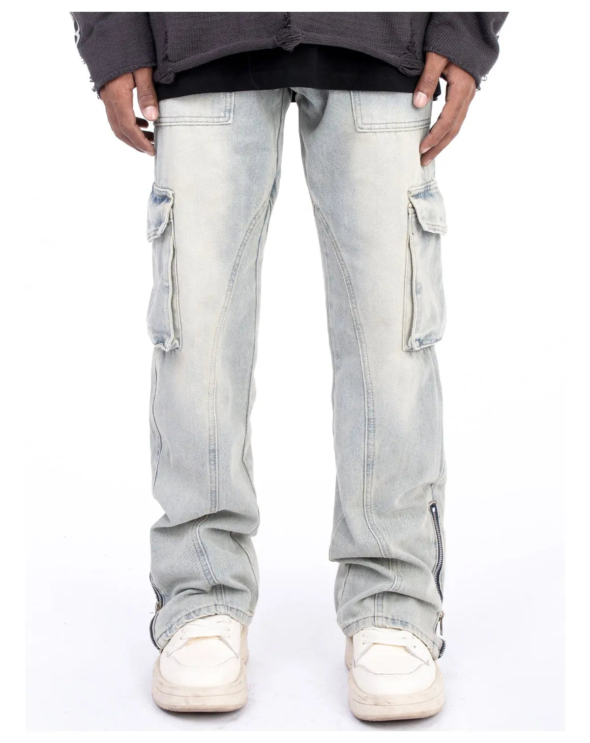 Light blue American style autumn and winter micro elastic jeans with zipper hem detail, casual pants by Dropshipman.