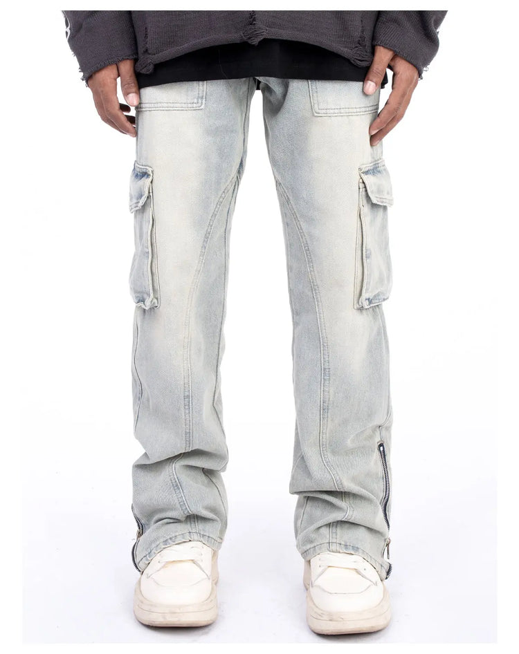 Light blue American style autumn and winter micro elastic jeans with zipper hem detail, casual pants by Dropshipman.