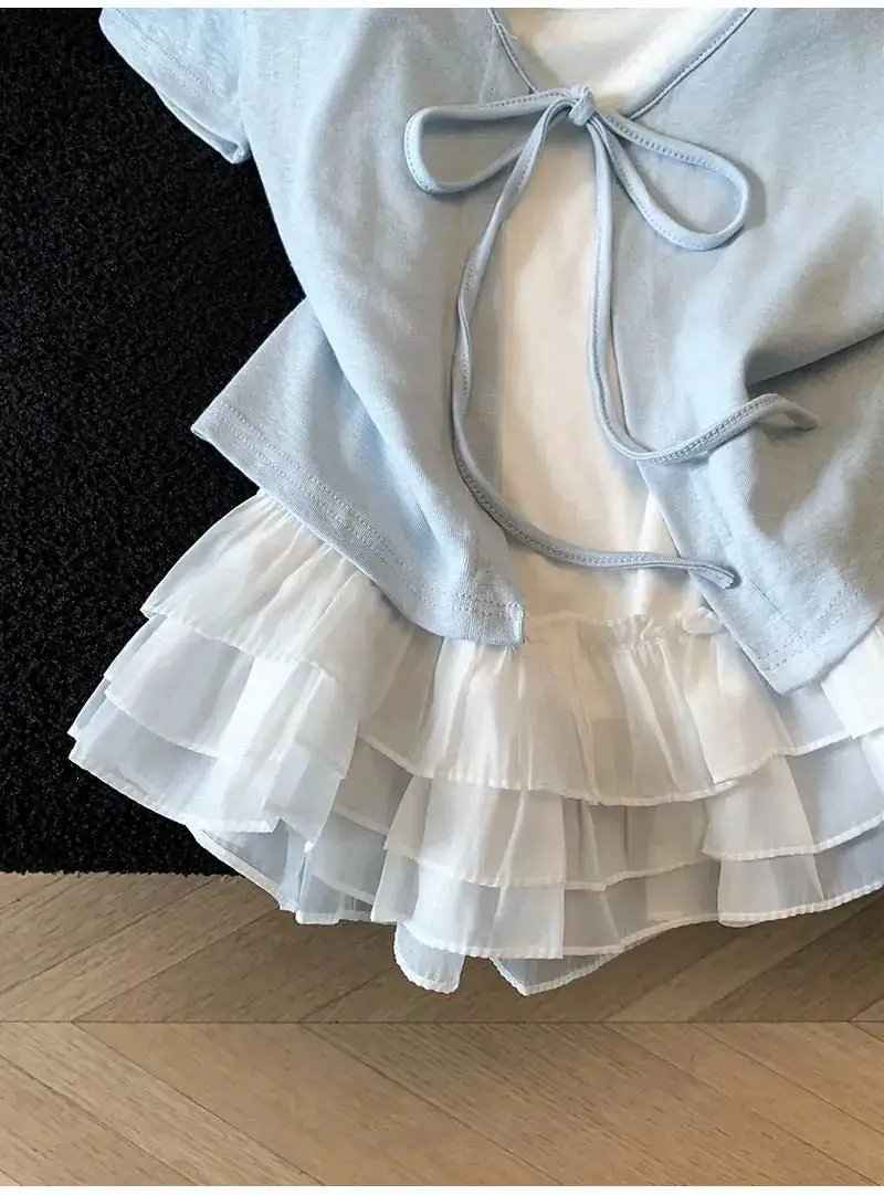 Gentle-style Two-piece Set Frilled-strap Camisole And Lace-up Cardigan Top