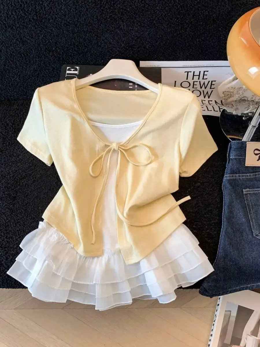 Gentle-style Two-piece Set Frilled-strap Camisole And Lace-up Cardigan Top