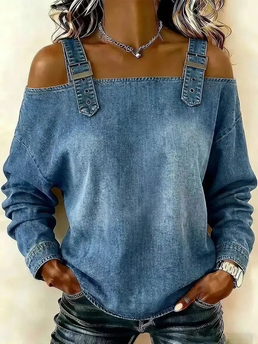 Halter-neck Off-shoulder Long-sleeve Top by Dropshipman
