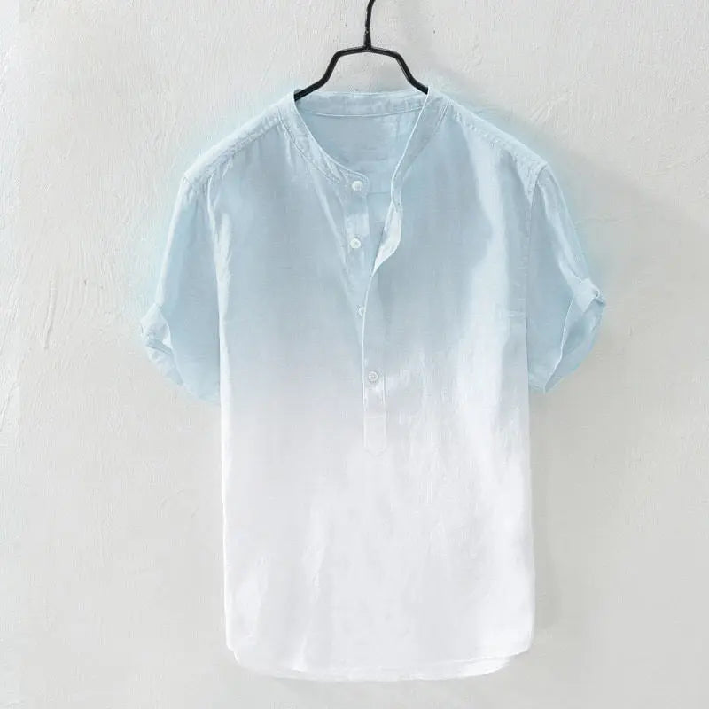Light blue resort-style ombre short-sleeve shirt by Dropshipman, featuring breathable, comfortable fabric and casual design.