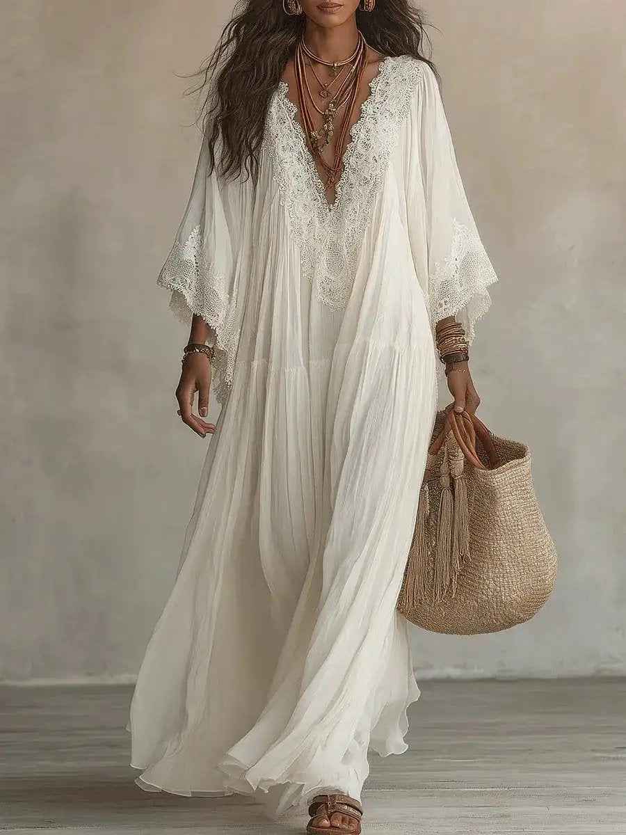 Lace V-neck Long Batwing-sleeve Dress