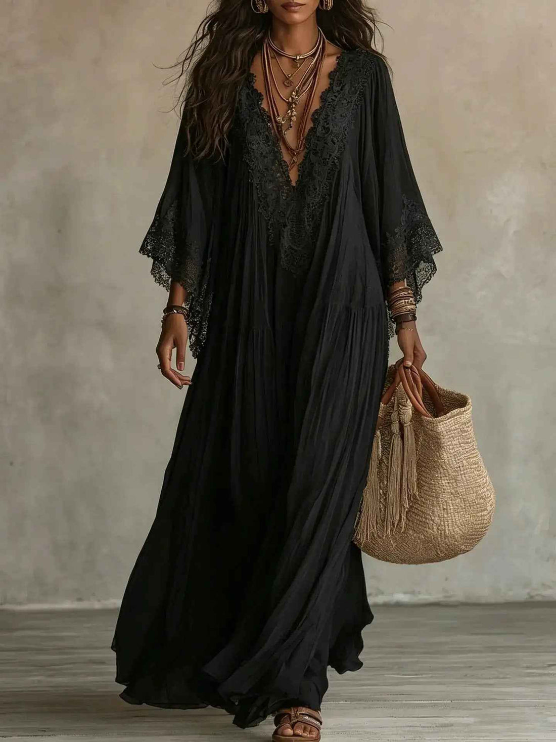 Lace V-neck Long Batwing-sleeve Dress
