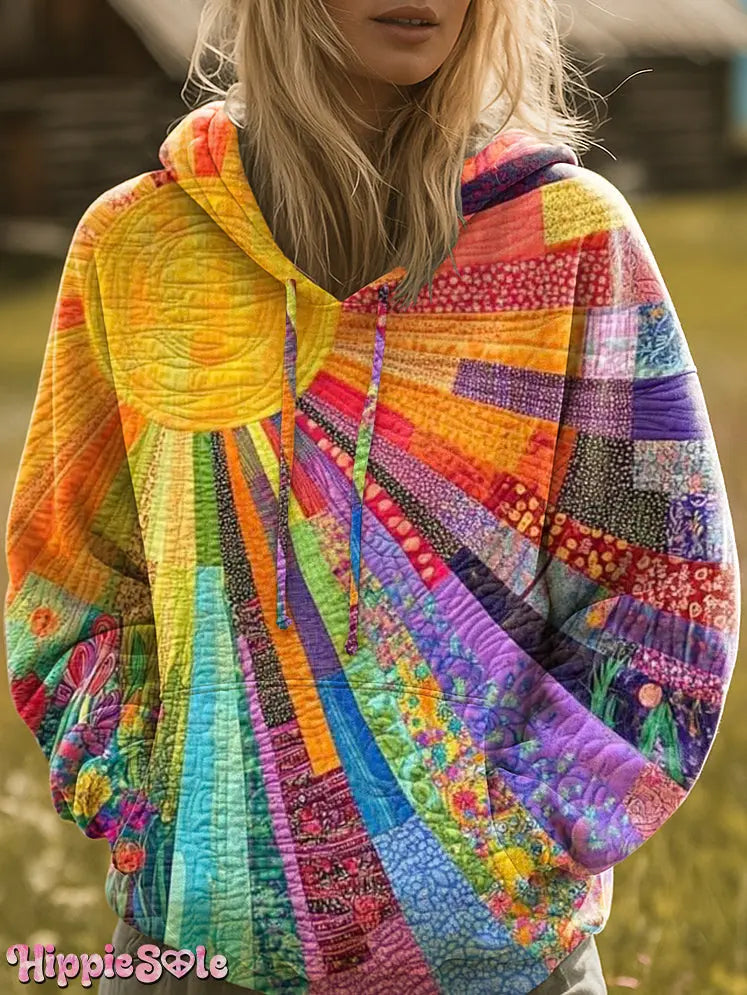 Bohemian multicolor patchwork hoodie with sun pattern art print, casual style by Dropshipman, featuring vibrant design and comfortable fit.