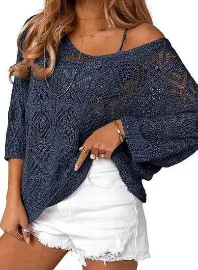 Crochet Hollowed-Out Three-Quarter-Sleeve Pullover Sweater