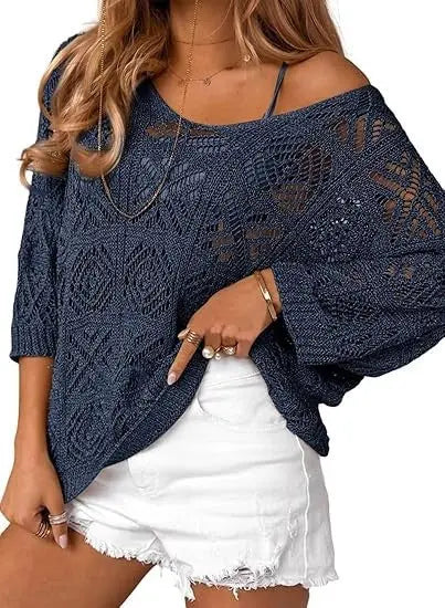 Navy blue crochet hollowed-out three-quarter-sleeve pullover sweater by Dropshipman, showing intricate open-knit design.