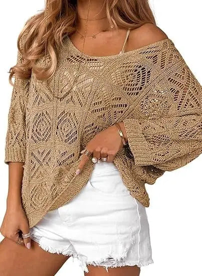 Navy blue crochet hollowed-out three-quarter-sleeve pullover sweater by Dropshipman, showcasing textured knit and stylish design.