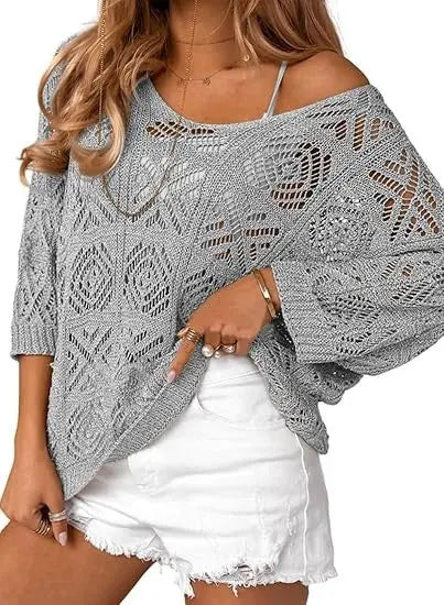 Navy blue crochet hollowed-out three-quarter-sleeve pullover sweater by Dropshipman, featuring intricate knit pattern and relaxed fit.