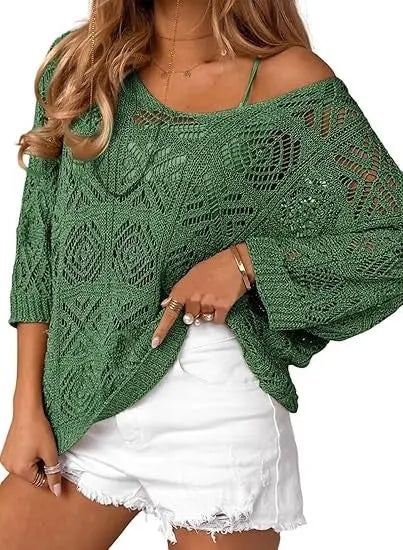 Navy blue crochet hollowed-out three-quarter-sleeve pullover sweater by Dropshipman, showcasing intricate knit detail and relaxed fit.
