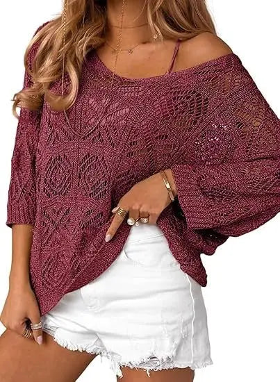 Navy blue crochet hollowed-out three-quarter-sleeve pullover sweater by Dropshipman, showing detailed knit pattern and relaxed fit.