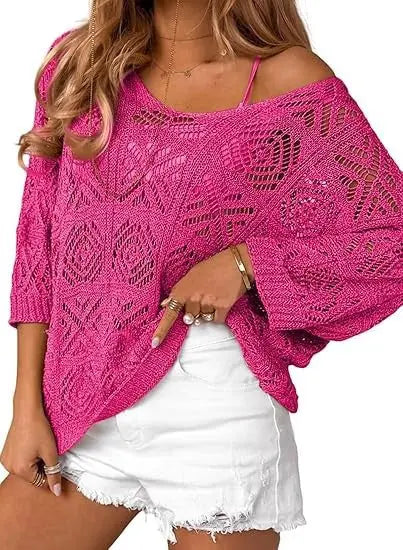 Navy blue crochet hollow-out three-quarter-sleeve pullover sweater by Dropshipman, showcasing intricate knit pattern and relaxed fit.