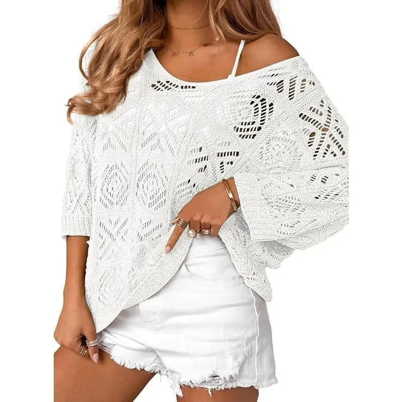 Navy blue crochet hollowed-out three-quarter-sleeve pullover sweater by Dropshipman, showcasing intricate knit pattern and relaxed fit.