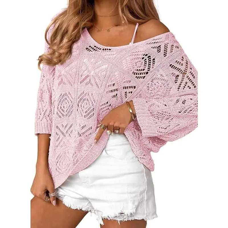 Navy blue crochet hollowed-out three-quarter-sleeve pullover sweater by Dropshipman, showcasing textured knit design and relaxed fit.
