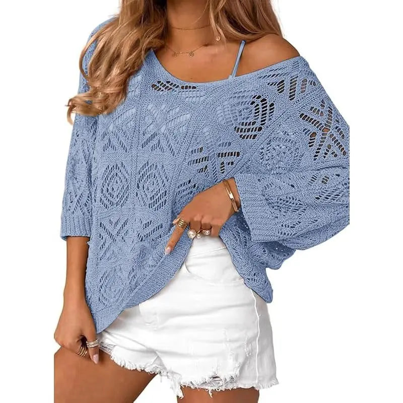 Navy blue crochet hollowed-out three-quarter-sleeve pullover sweater by Dropshipman, showcasing intricate knit pattern and relaxed fit.