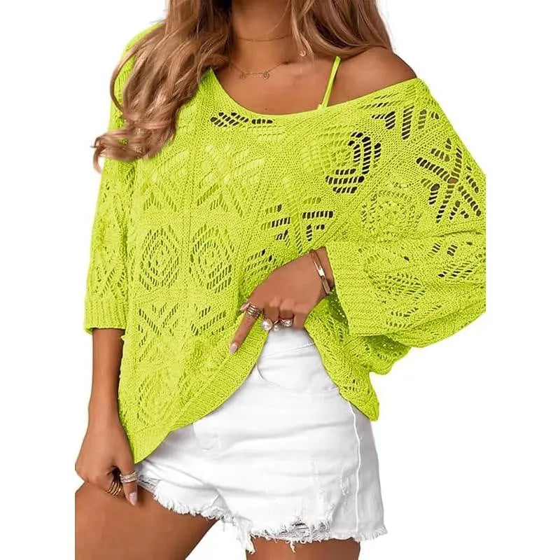 Navy blue crochet hollowed-out three-quarter-sleeve pullover sweater by Dropshipman, styled on a mannequin with a relaxed fit.