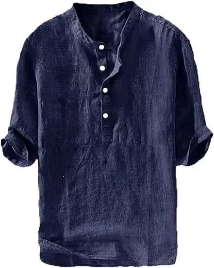 Mens Short-sleeved Loose-fit Linen Shirt by Dropshipman