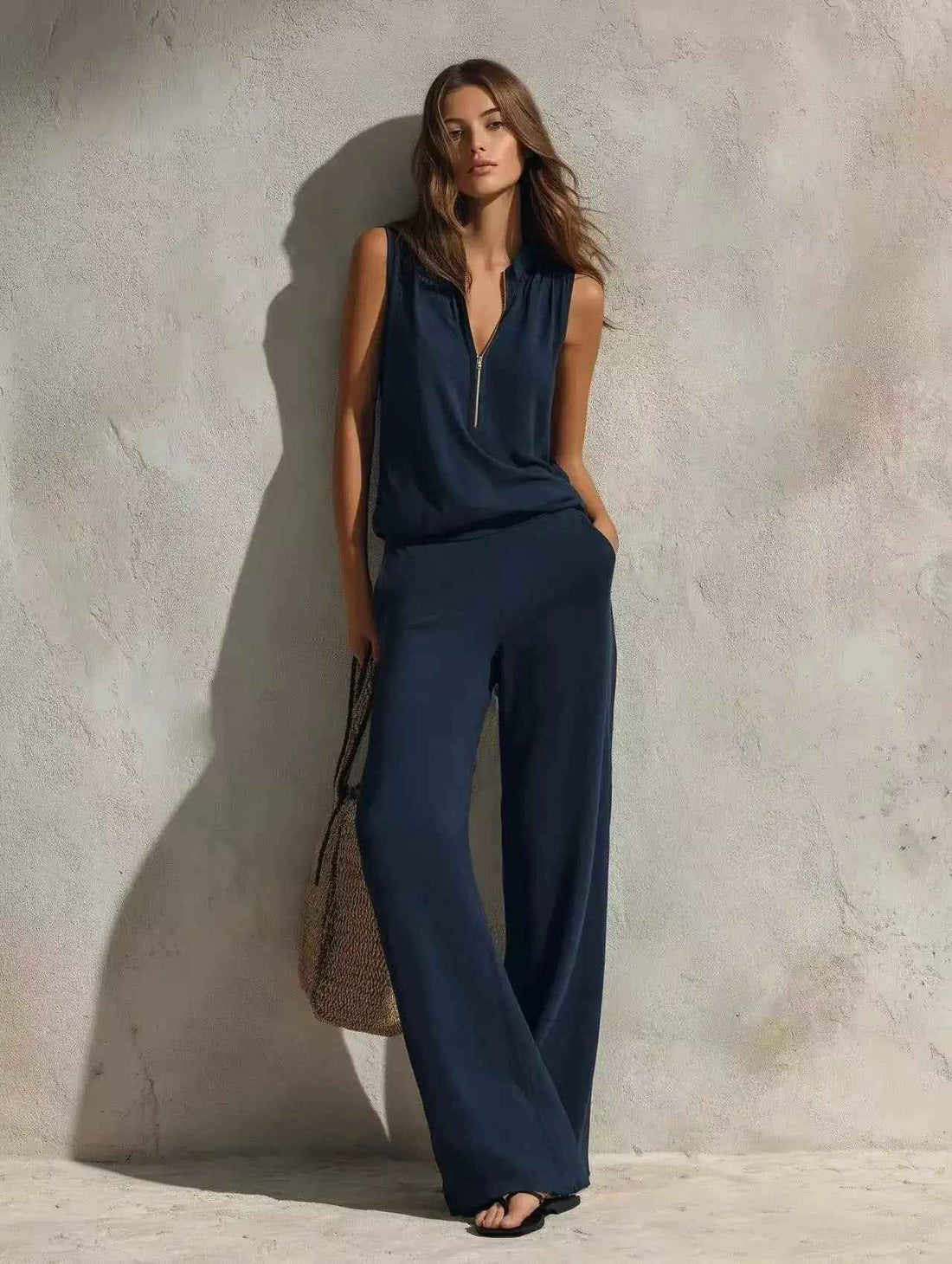 Resort-style Sleeveless Zip-neck Top And Relaxed-fit Pants Set