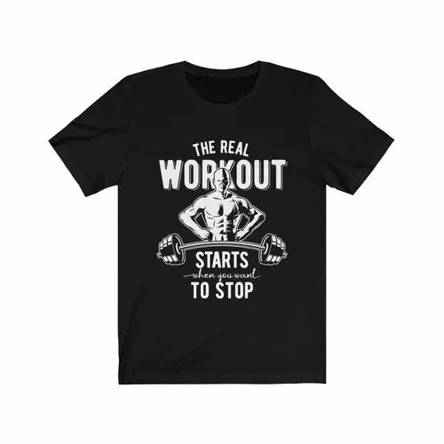 Navy XL T-shirt from Dropshipman featuring "The Real Workout" print, casual fit, and comfortable fabric.