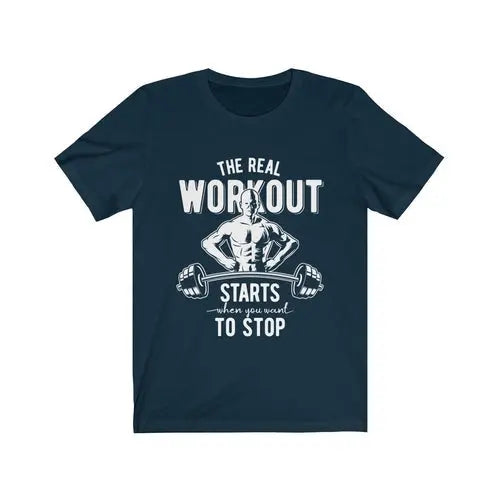 Navy blue The Real Workout T-shirt by Dropshipman, large size, front view showing casual athletic fit and soft fabric.