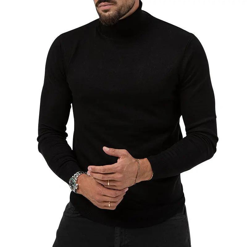 Navy blue high-elastic turtleneck knitted cashmere sweater for young men, warm winter undercoat by Dropshipman.