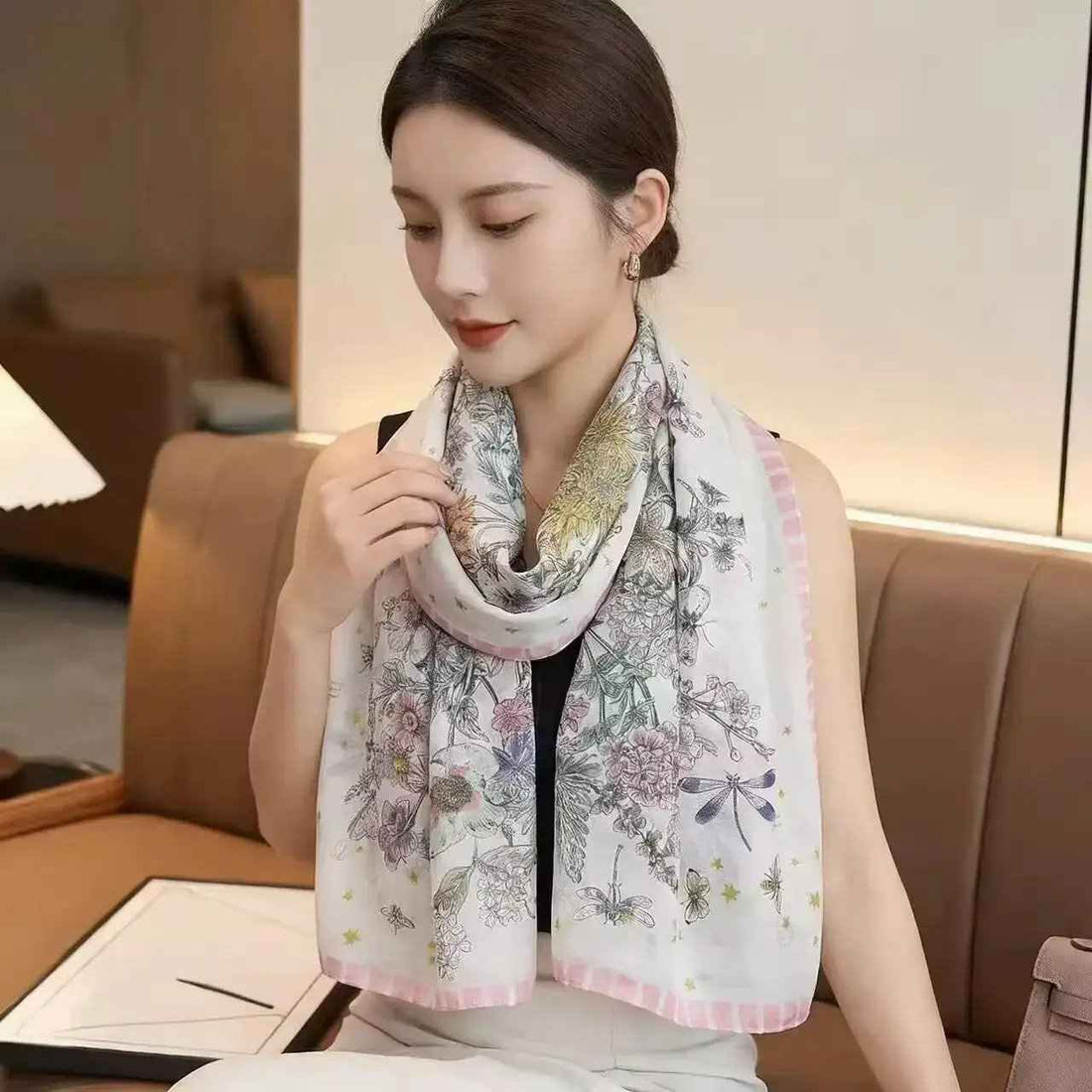 Fashionable Lengthened Womens Elegant Sun-Protective Scarf With Butterfly Print