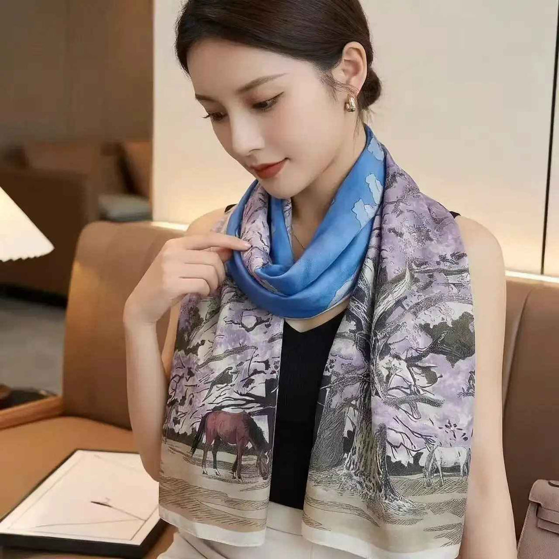 Fashionable Lengthened Womens Elegant Sun-Protective Scarf With Butterfly Print