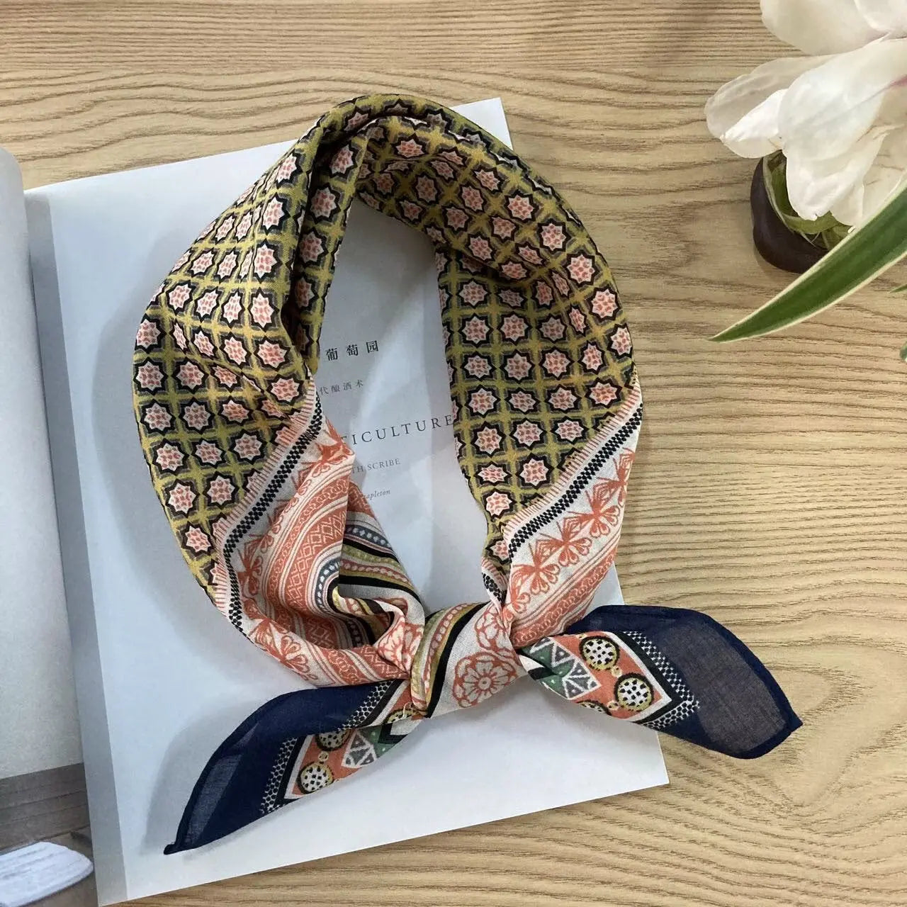 Cotton square vintage floral silk scarf with ethnic-style pattern, featuring vibrant colors and intricate floral design.
