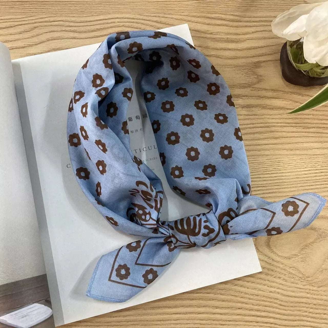Cotton square vintage floral silk scarf with ethnic-inspired patterns, featuring vibrant colors and intricate designs.