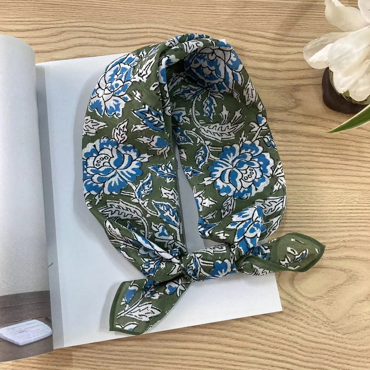 Cotton square vintage ethnic-style floral silk scarf with colorful floral pattern, perfect for accessorizing.