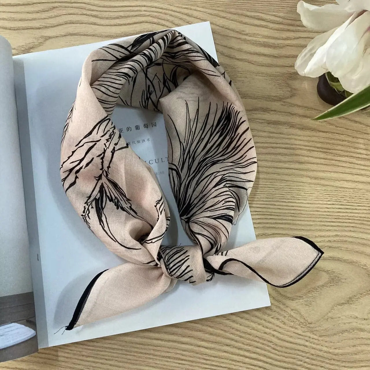 Cotton square vintage floral silk scarf with ethnic-inspired pattern, featuring vibrant colors and intricate designs.