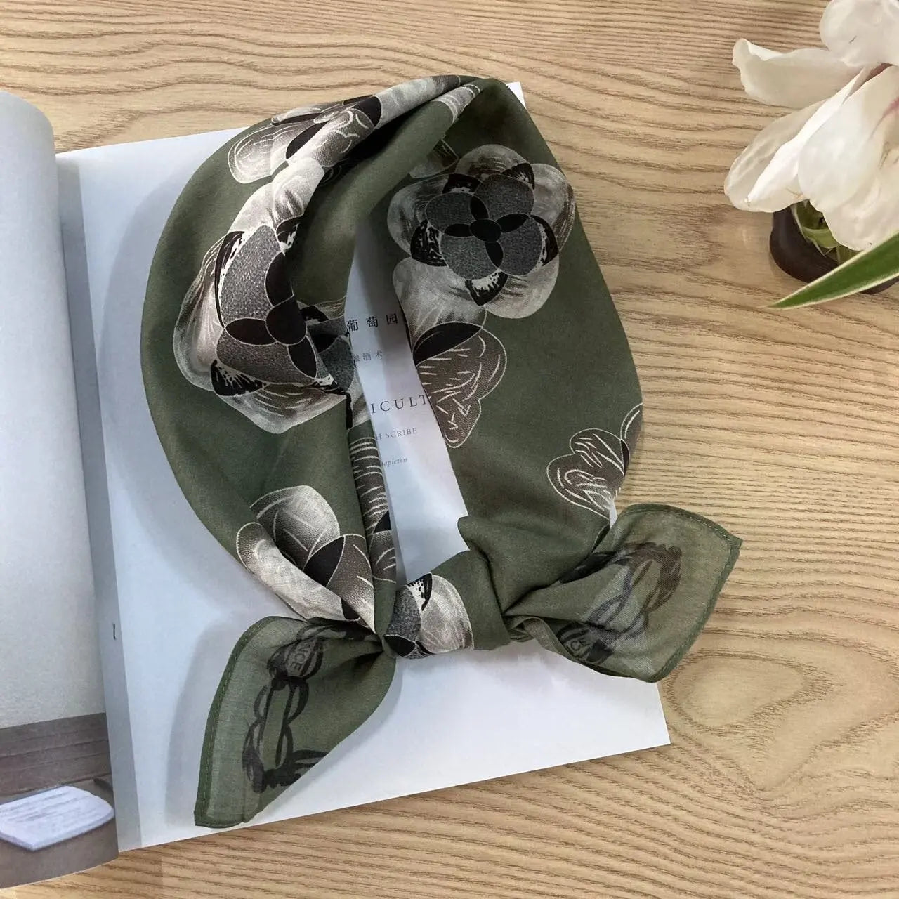 Cotton square vintage floral silk scarf with ethnic-inspired design, featuring colorful floral patterns and intricate details.