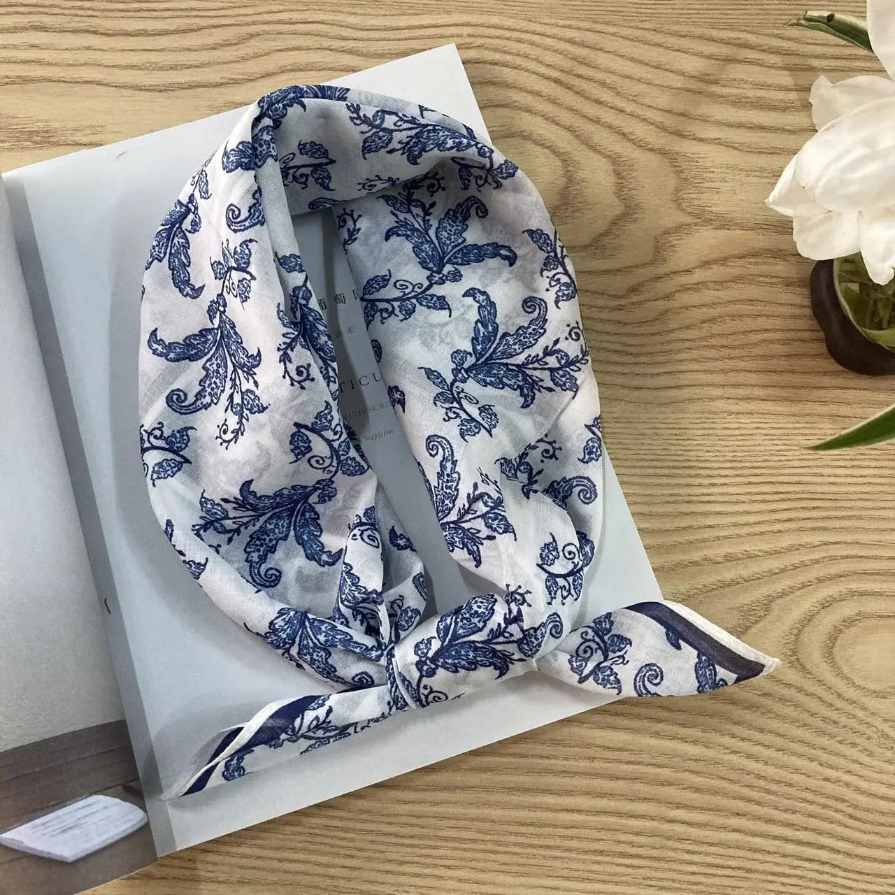 Cotton square vintage floral silk scarf with ethnic-style pattern, featuring vibrant colors and intricate floral designs.