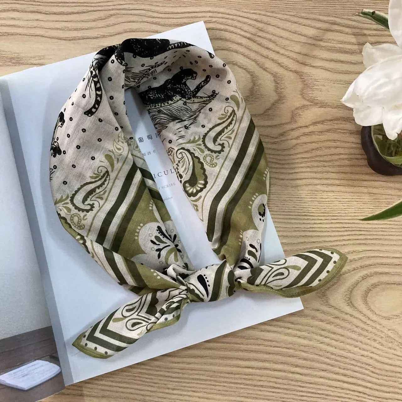 Cotton square vintage floral silk scarf with ethnic-inspired patterns, featuring vibrant colors and intricate design.