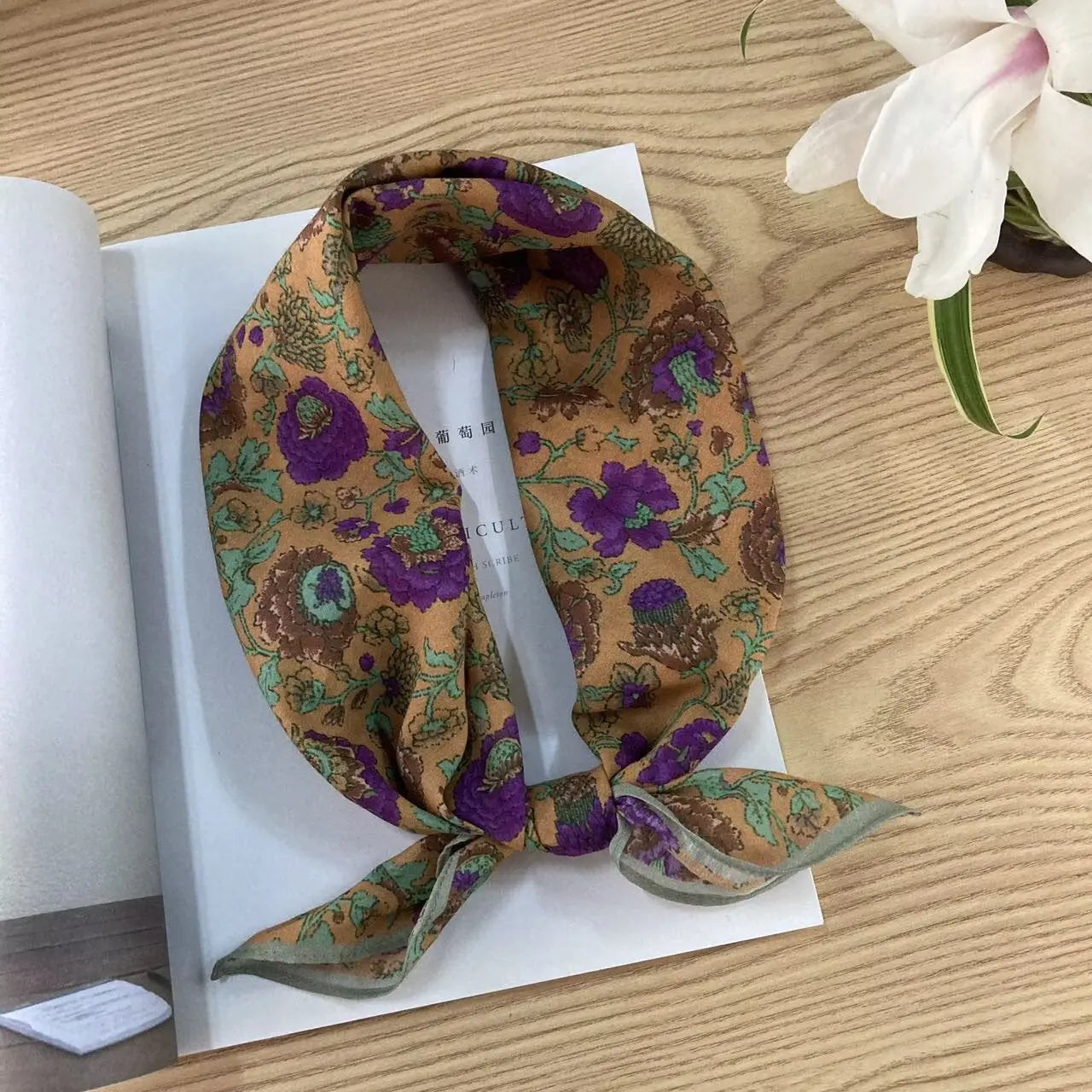 Cotton square vintage floral silk scarf with ethnic-style design, featuring vibrant colors and intricate patterns.