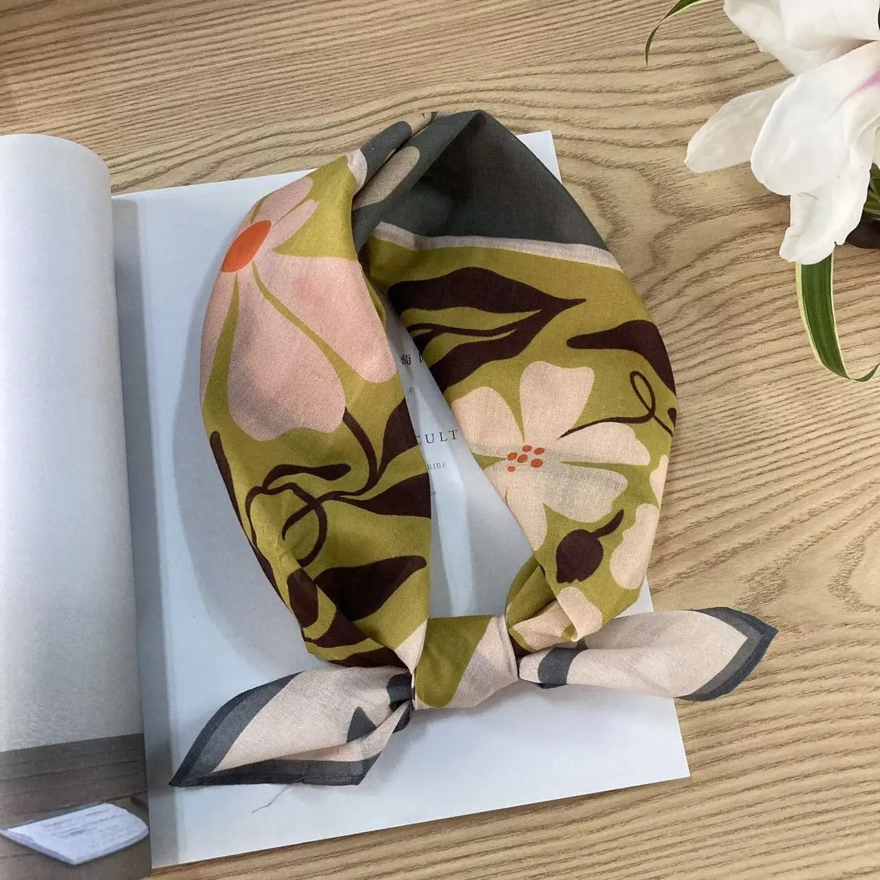 Cotton square vintage floral silk scarf with ethnic patterns, featuring vibrant colors and intricate designs.