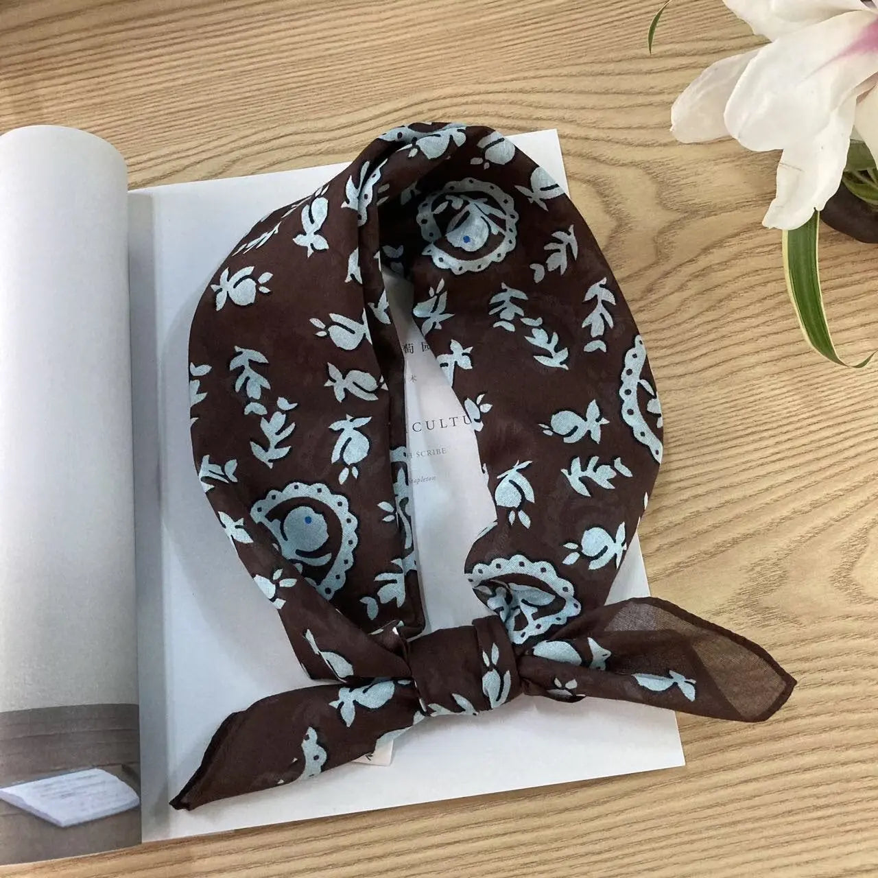 Cotton square vintage ethnic-style floral silk scarf with intricate patterns and vibrant colors, designed by Dropshipman.