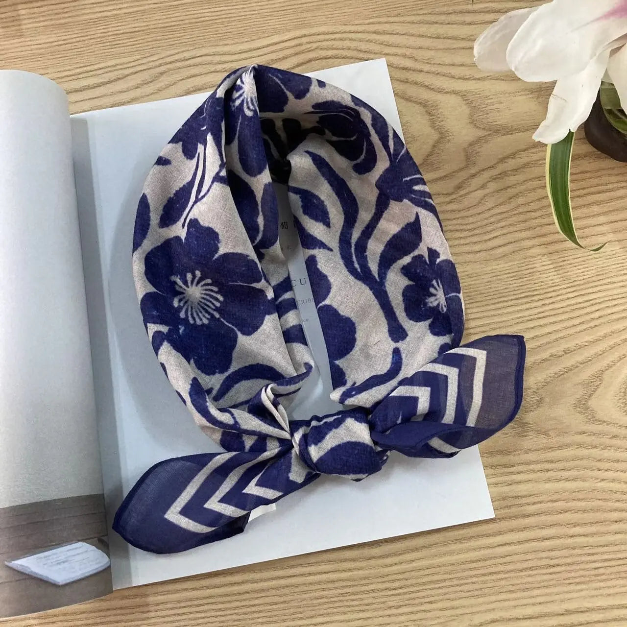 Cotton square vintage floral silk scarf with ethnic-style design, featuring bright colors and intricate patterns.