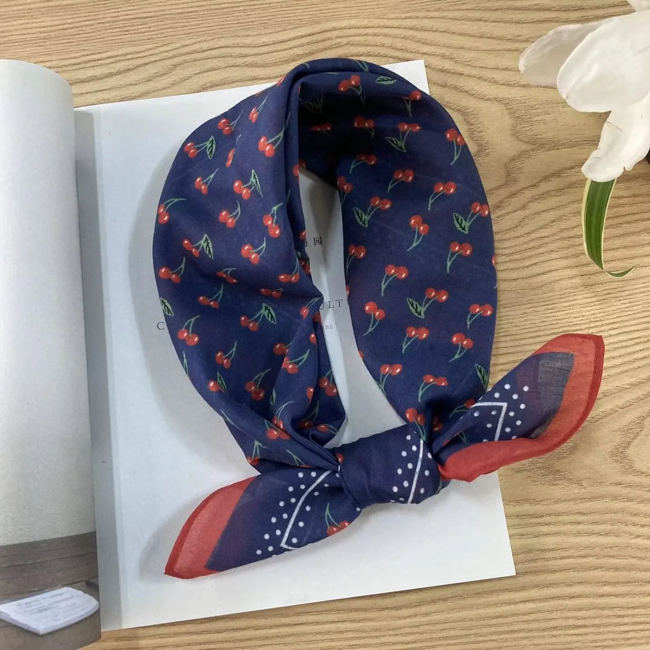 Cotton square vintage floral silk scarf with ethnic-inspired pattern in vibrant colors, by Dropshipman.